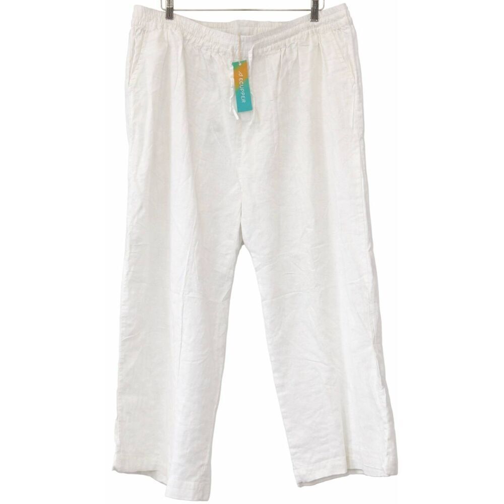 Ecupper womens xl linen cotton white pants Hi Rise Wide Leg cropped - Picture 1 of 10